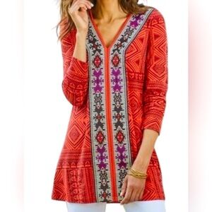 Soft Surroundings Kalahari Red Aztec Embroidered Long Sleeve Tunic Top- Size S